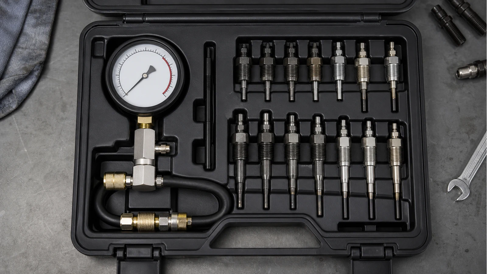 Diesel compression tester case open with glow plug adapters and dual-scale gauge