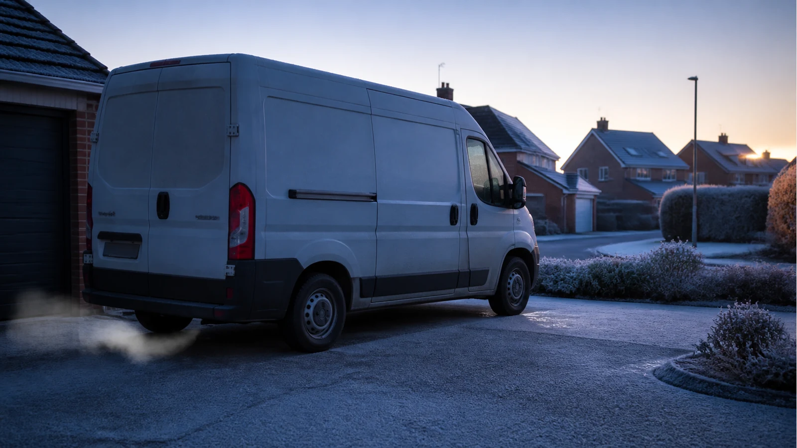 Cold morning UK diesel van with light white exhaust vapour suggesting a hard-start problem