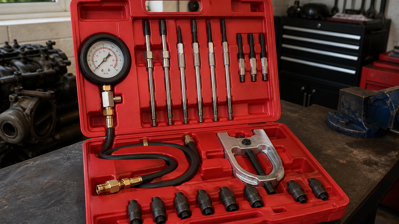 Diesel compression tester kit open on a British garage workbench