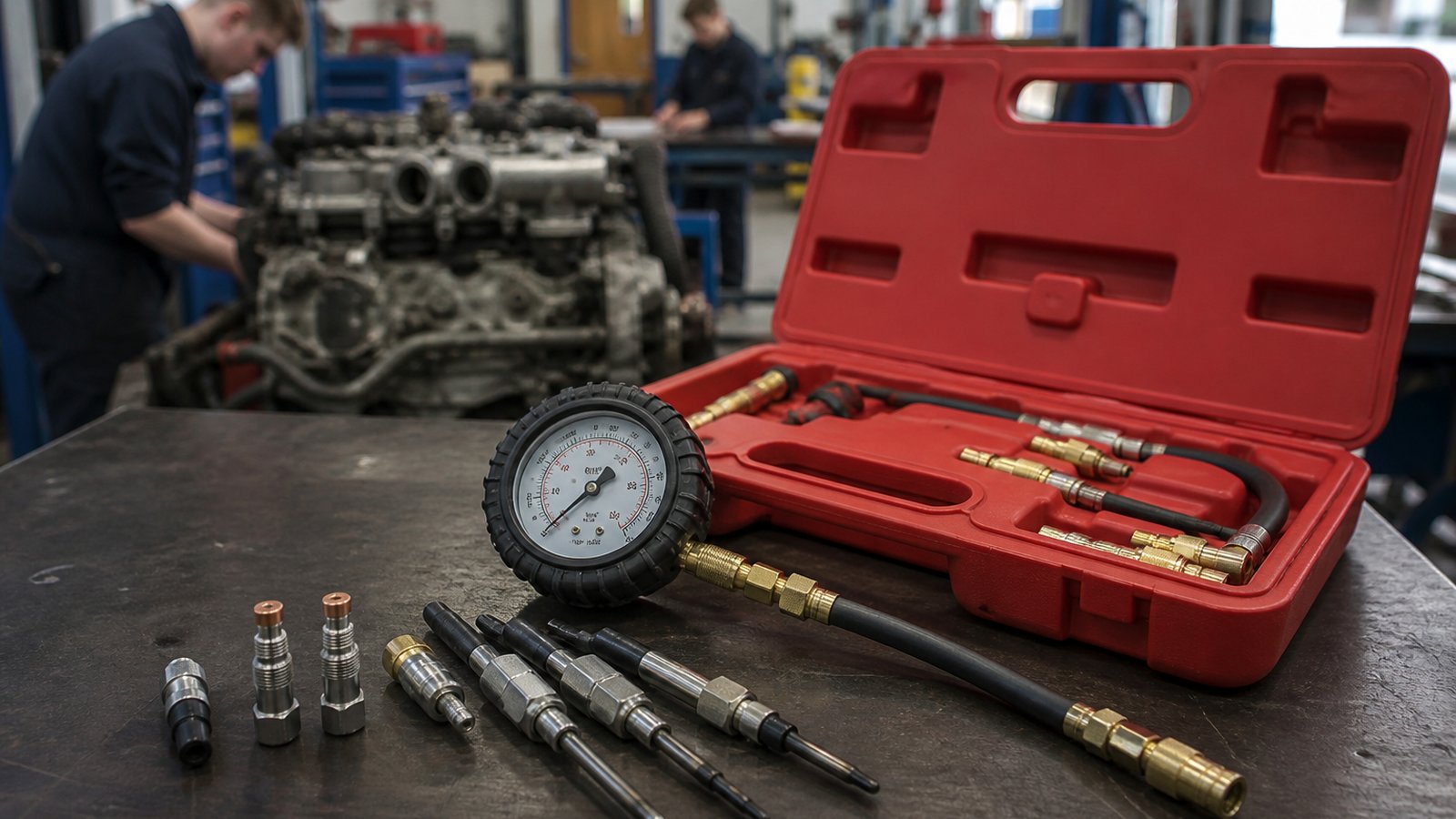 Diesel compression tester laid out on a college training workbench