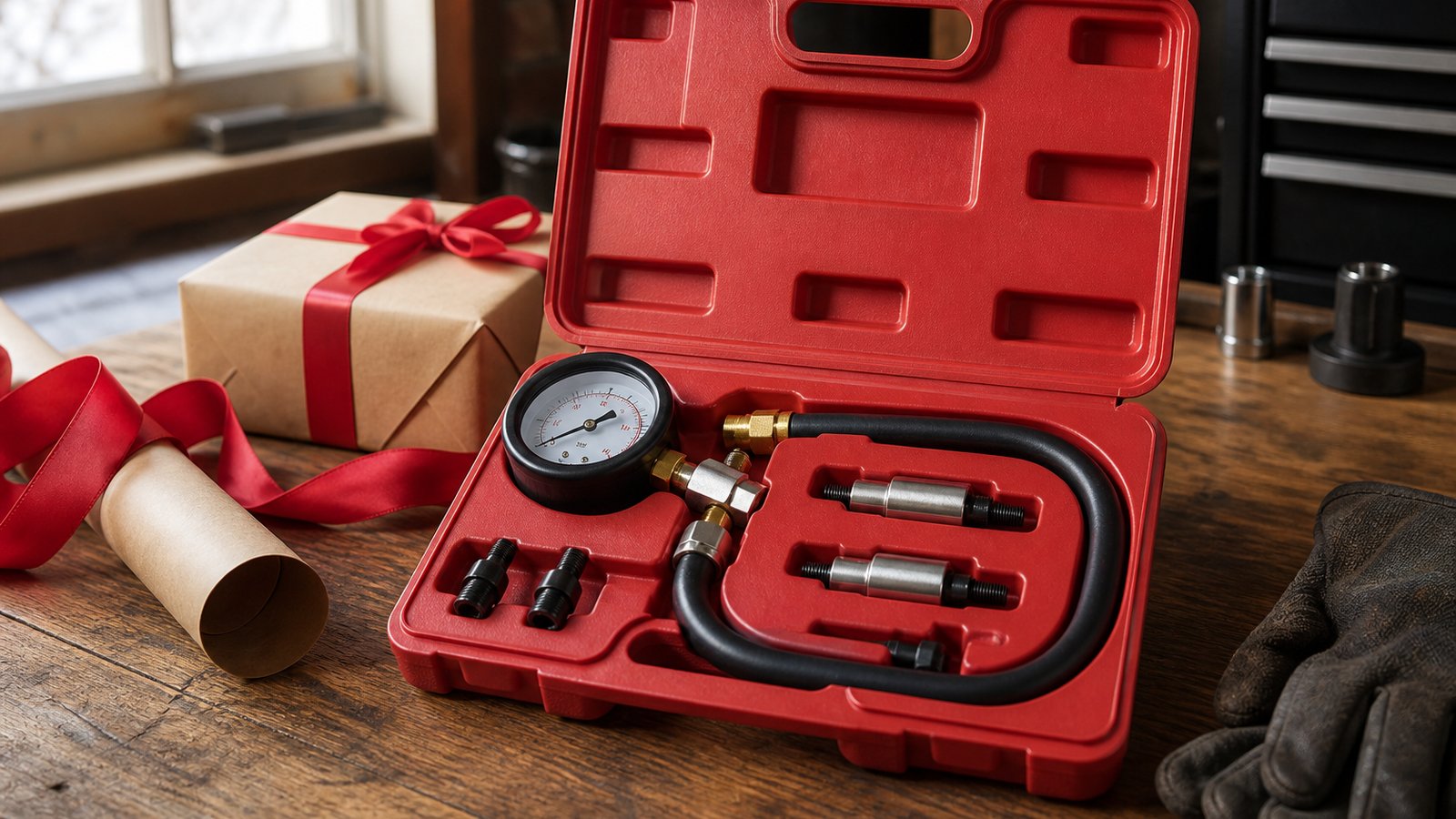 Festive gift-ready diesel compression tester kit on a workshop bench