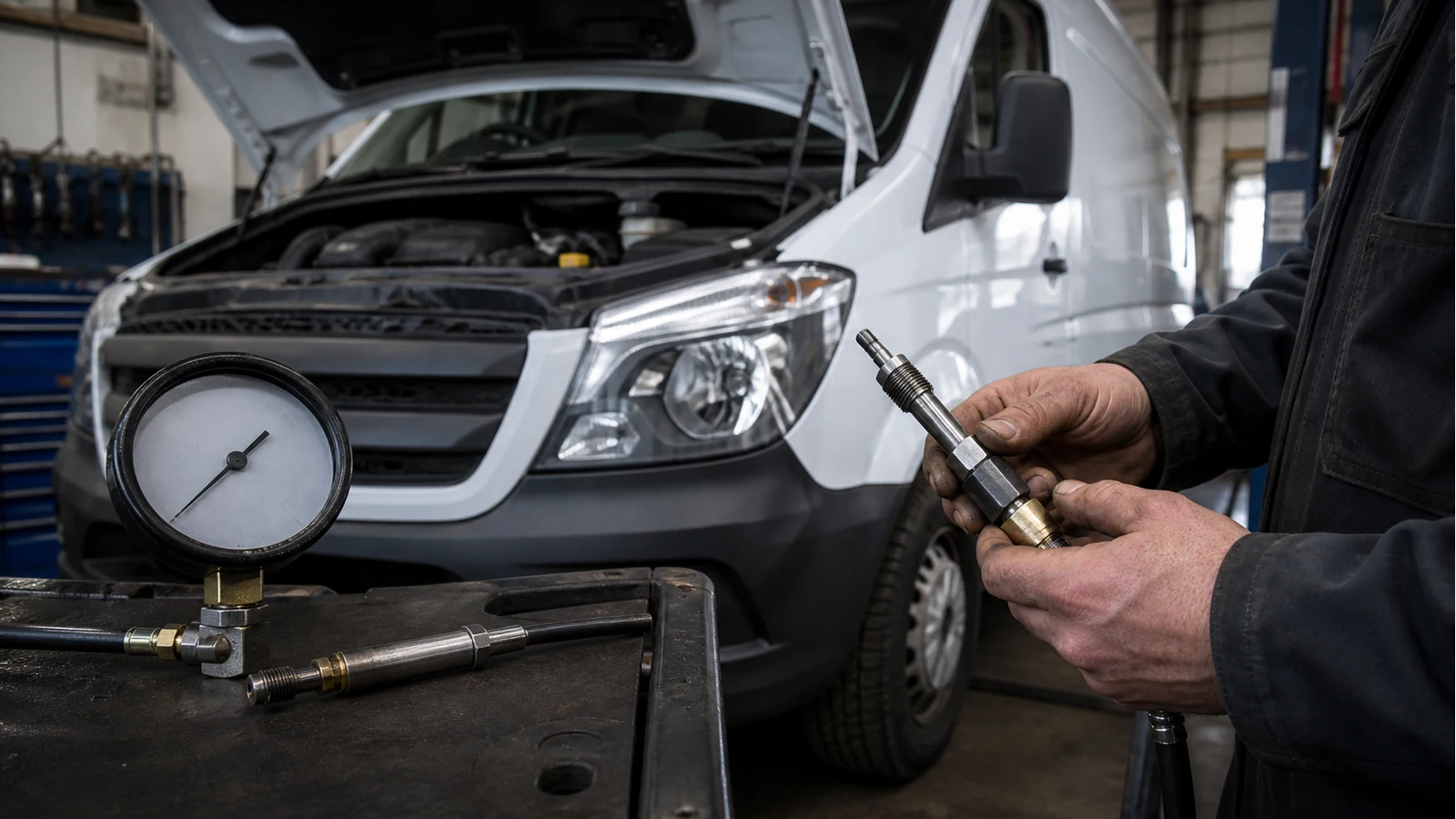 Mechanic preparing a diesel compression test on a Mercedes Sprinter using a glow-plug adapter