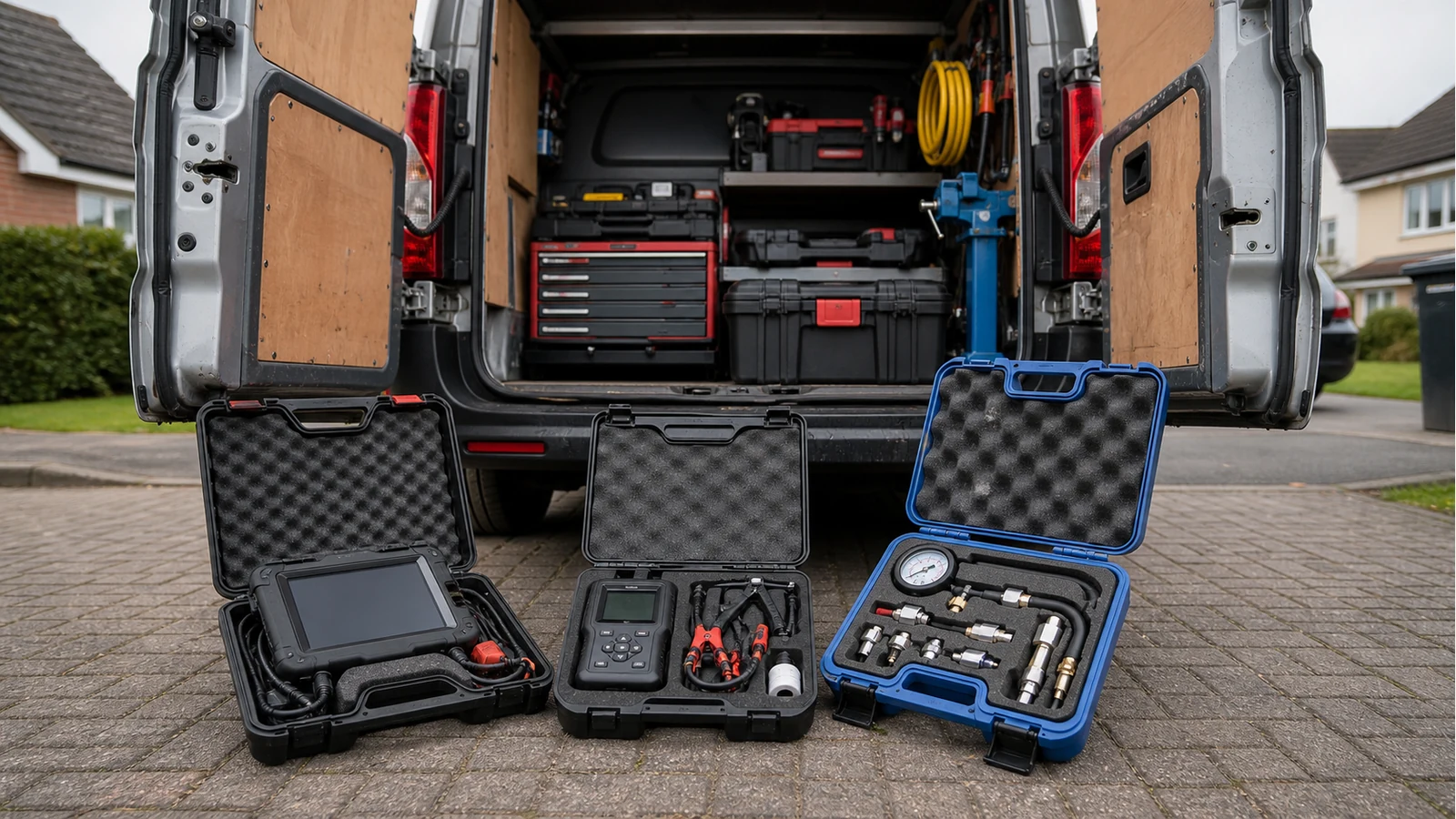Mobile mechanic van with diesel compression tester case ready for a driveway callout