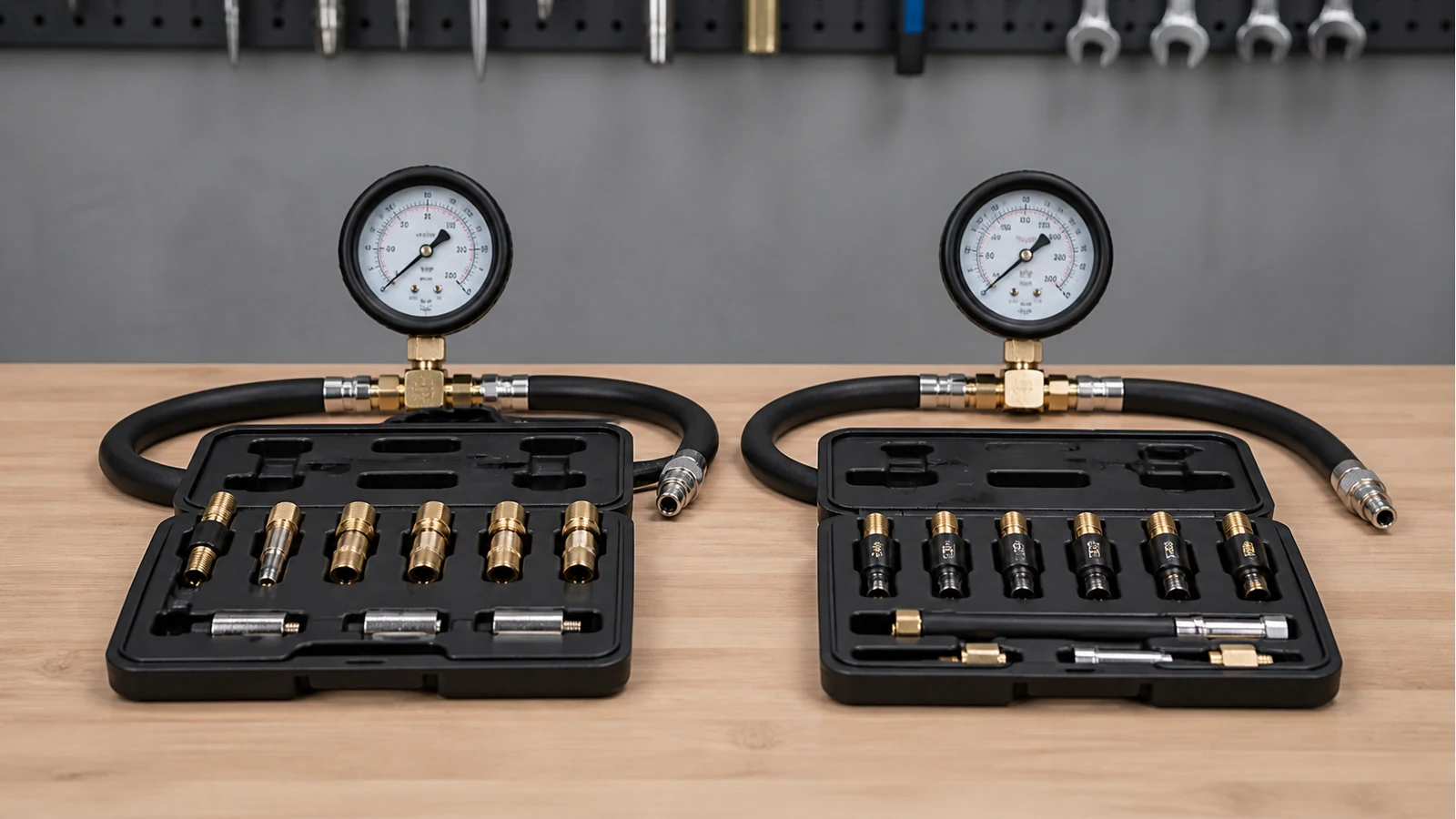 Side-by-side diesel compression gauges and adapter sets prepared for a UK buying comparison