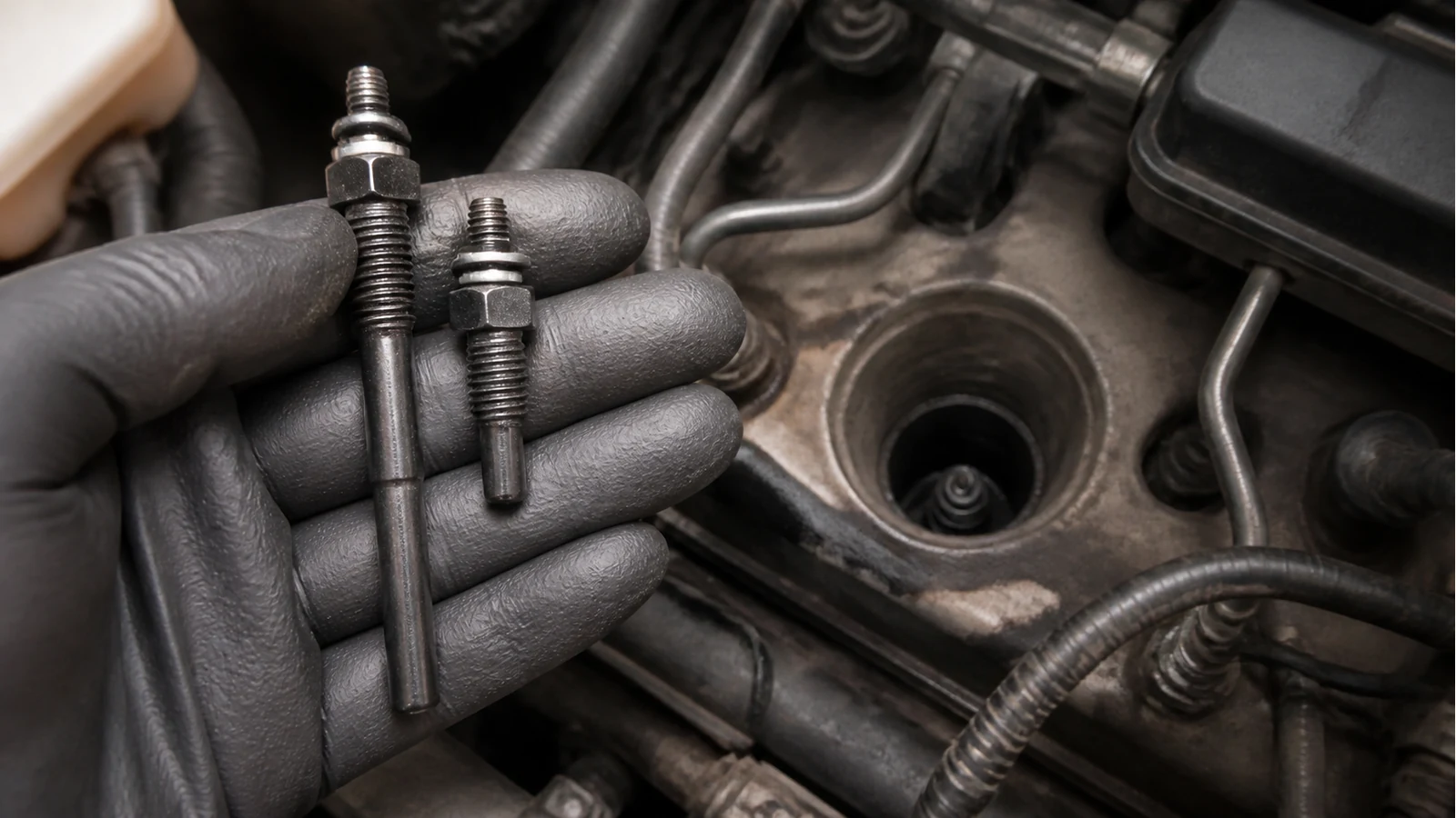 Long and short diesel glow plug compression adapters compared for VW Transporter access